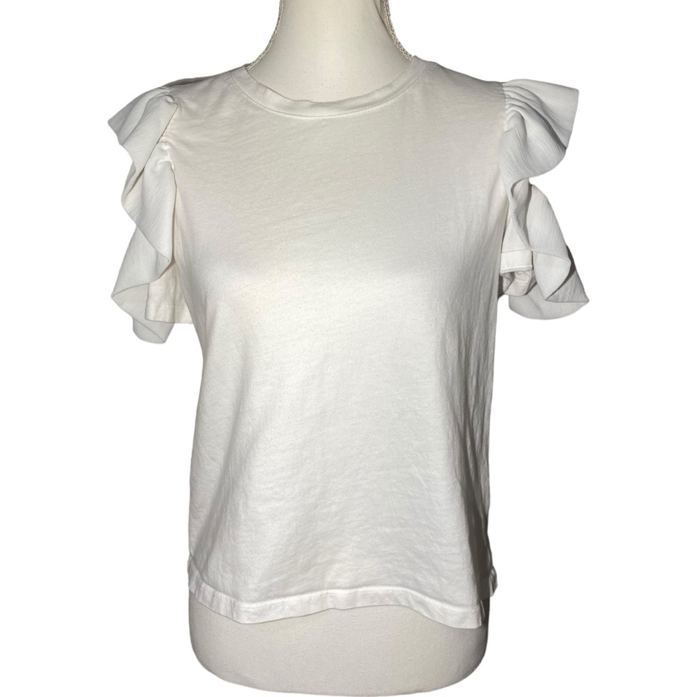 Zara Women's Small Crop Top Ruffle Sleeve Crew Neck Flutter Sleeve White